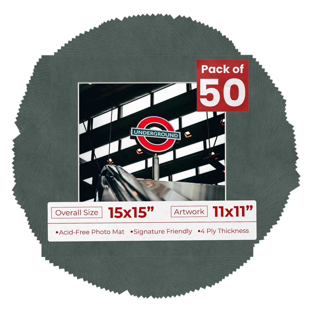 Dark Grey Suede Mat Board for 15x15 Frames - Fits 11x11 Photos
